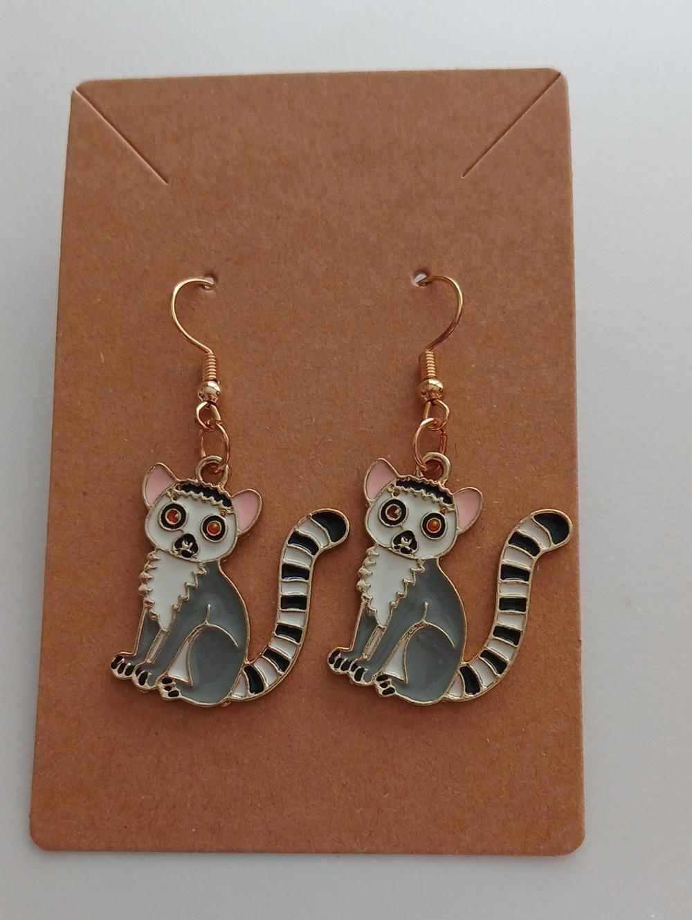 Fashion Jewelry Gold-Tone Lemur Cat Earrings in Gray, White and Pink